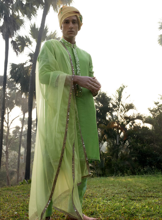 Green Raw Silk Mirror Work Kurta Set