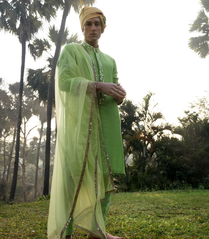 Green Raw Silk Mirror Work Kurta Set