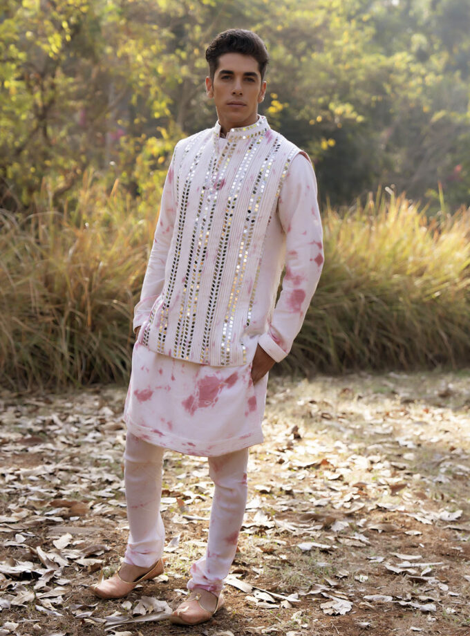 Off-White Raw Silk Printed & Mirror Embroidered Kurta Set