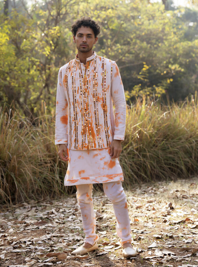 Ivory & Orange Raw Silk Mirror Work Bundi Jacket Set