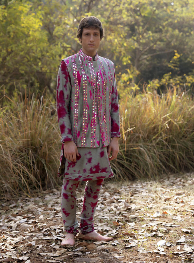 Olive Green & Pink Raw Silk Mirror Work Tie-Dye Bundi Jacket Set