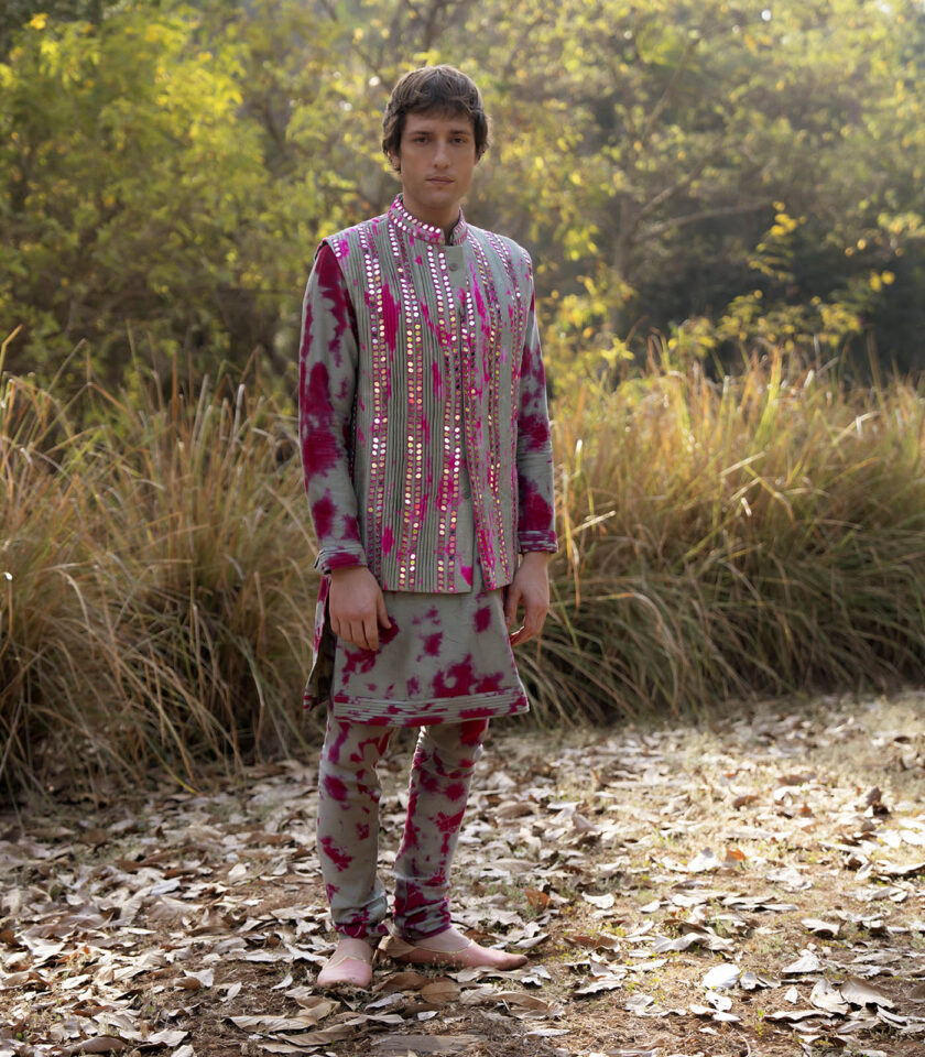 Olive Green & Pink Raw Silk Mirror Work Tie-Dye Bundi Jacket Set