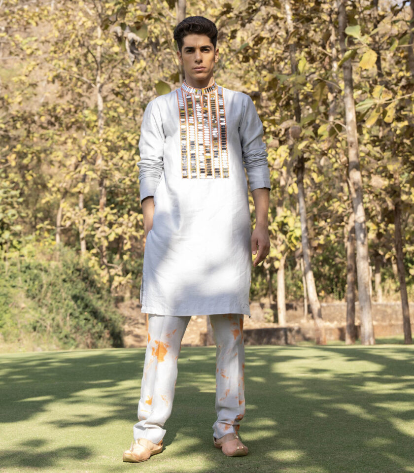 Grey Raw Silk Mirror Work Kurta Set