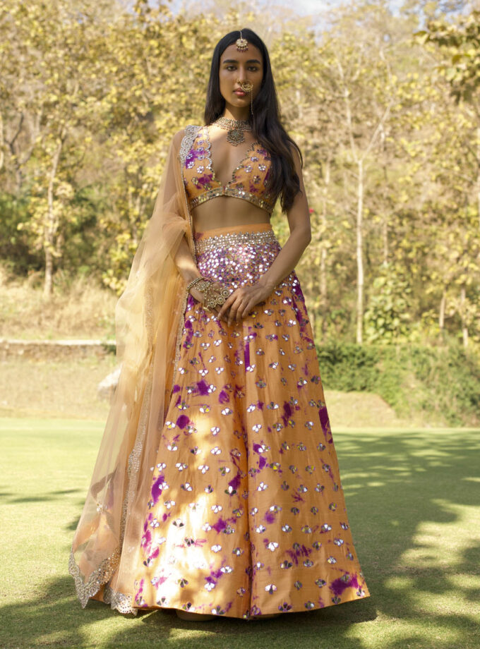 Orange Raw Silk Mirror Embroidered Hand Tie-Dye Lehenga Set