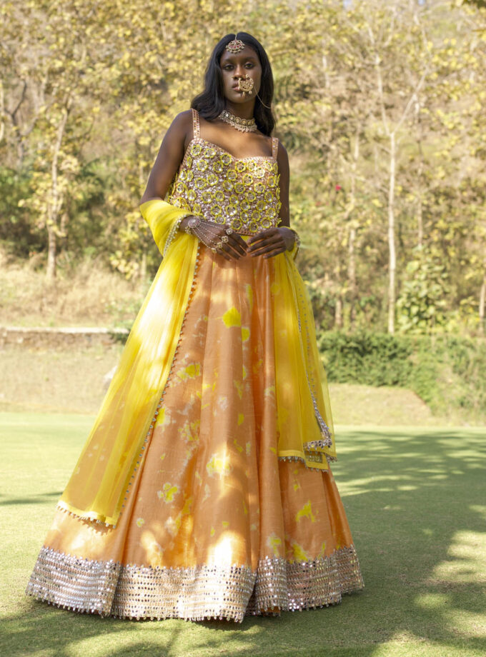 Orange Raw Silk Mirror Embroidered Hand Tie-Dye Lehenga Set