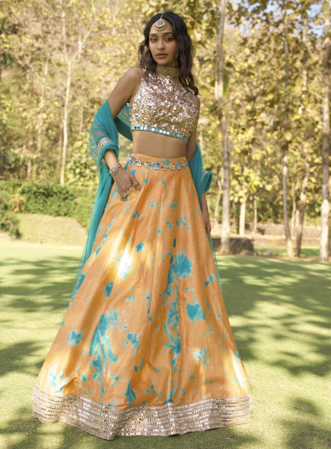 Orange Raw Silk Mirror Embroidered Hand Tie-Dye Lehenga Set