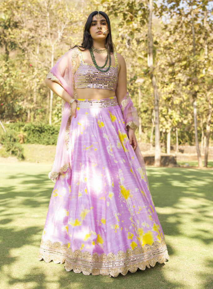 Lilac & Yellow Raw Silk Tie-Dyed Lehenga Set