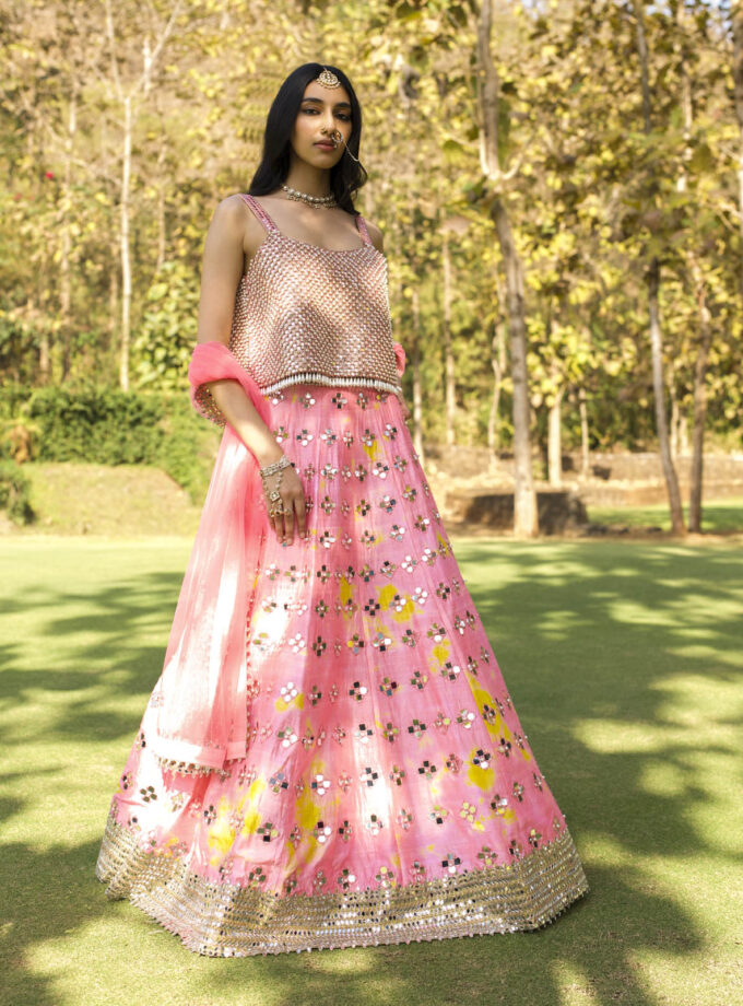 Pink Raw Silk Tie-Dyed & Mirror Work Lehenga Set