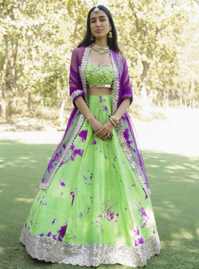 Green and purple  Raw Silk Tie-Dye Lehenga Set