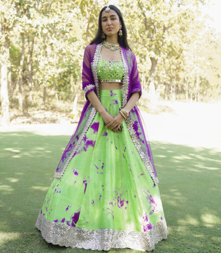 Green and purple  Raw Silk Tie-Dye Lehenga Set