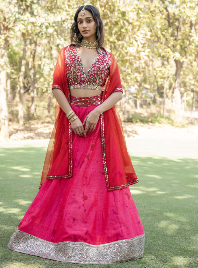 Pink Raw Silk Tie-Dyed & Mirror Work Lehenga Set