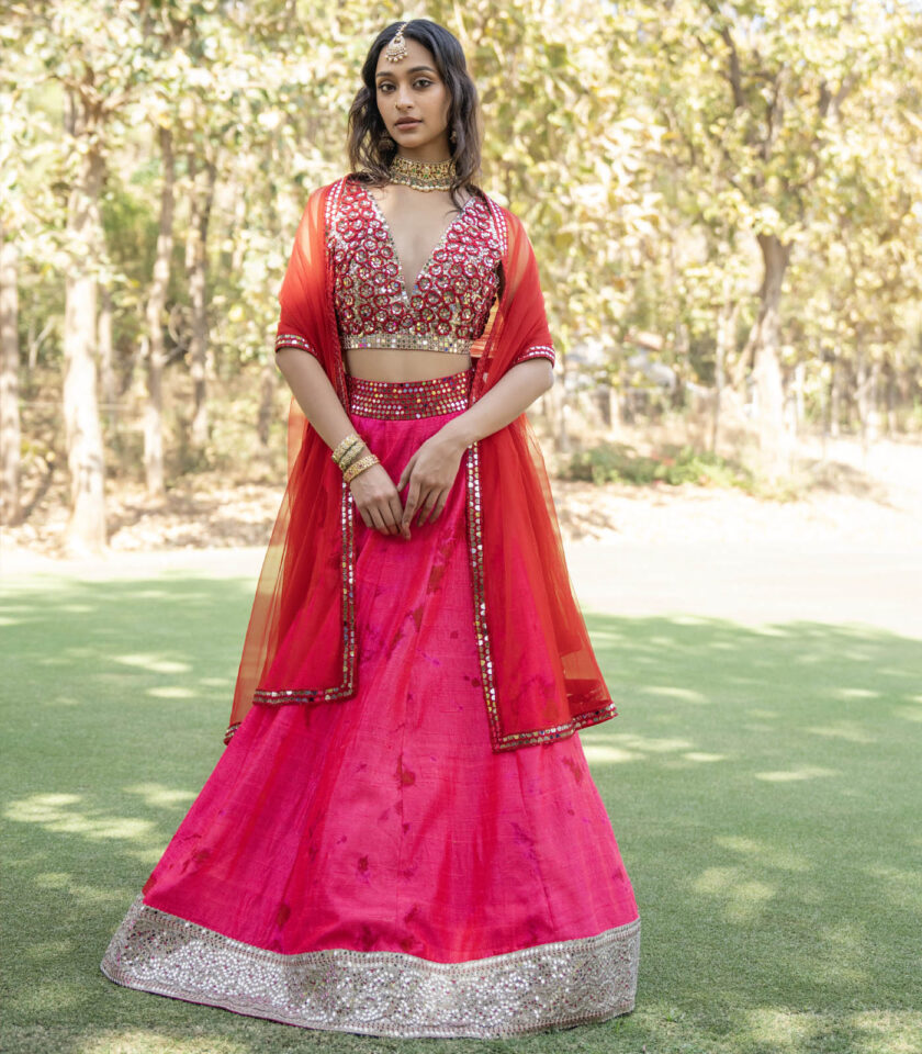 Pink Raw Silk Tie-Dyed & Mirror Work Lehenga Set