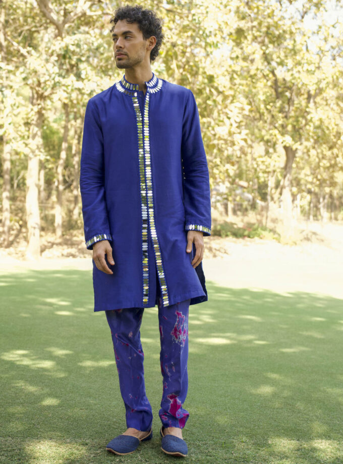 Navy Blue Raw Silk Mirror Work Kurta Set