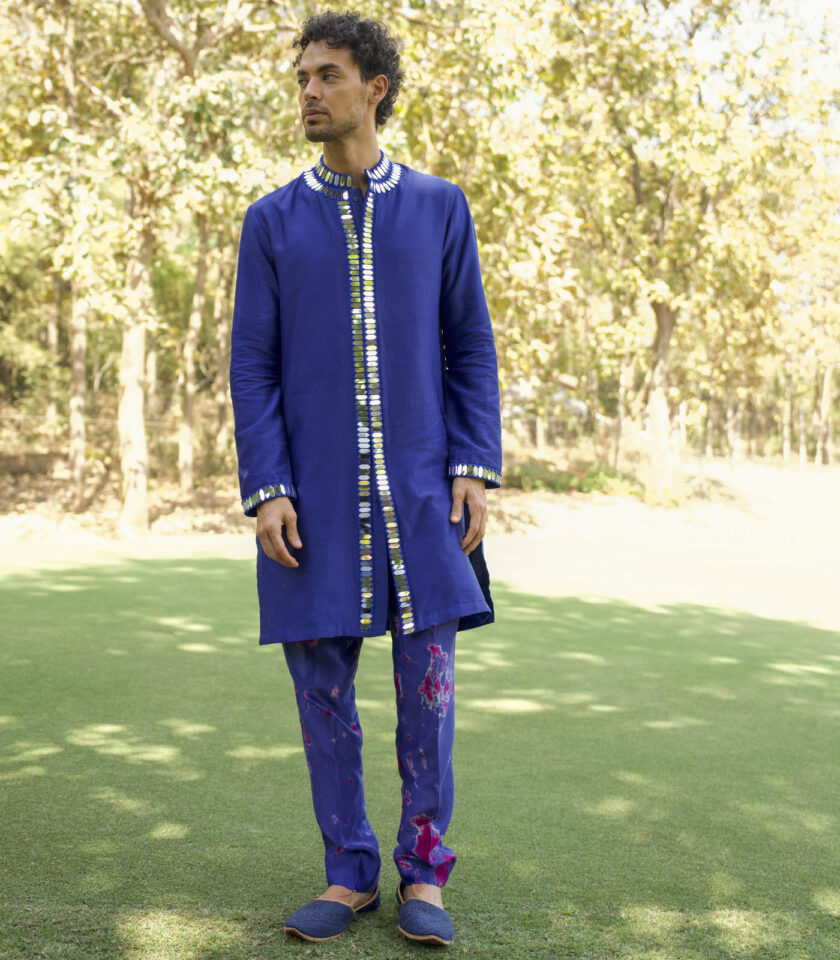 Navy Blue Raw Silk Mirror Work Kurta Set