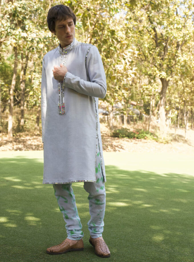 Ivory & Aqua Raw Silk Mirror Work Kurta Set