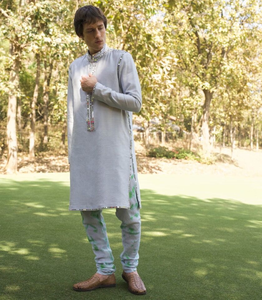 Ivory & Aqua Raw Silk Mirror Work Kurta Set
