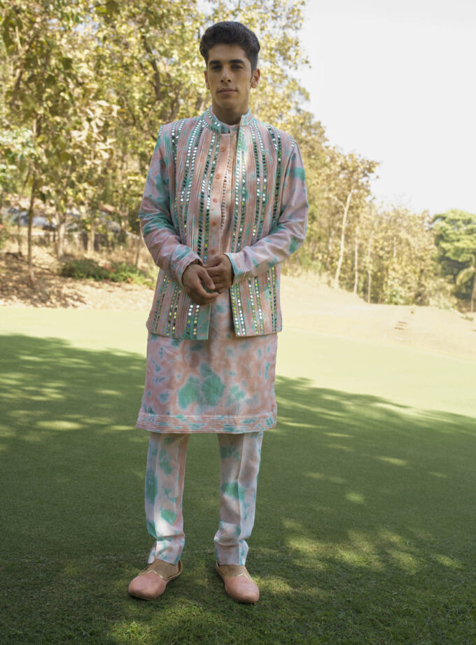 Peach & Aqua Raw Silk Mirror Work Tie-Dye Bundi Jacket Set