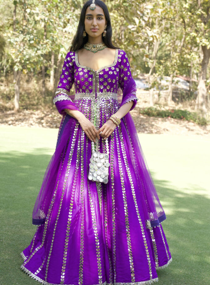 Purple Raw Silk Mirror Embroidered Anarkali Set
