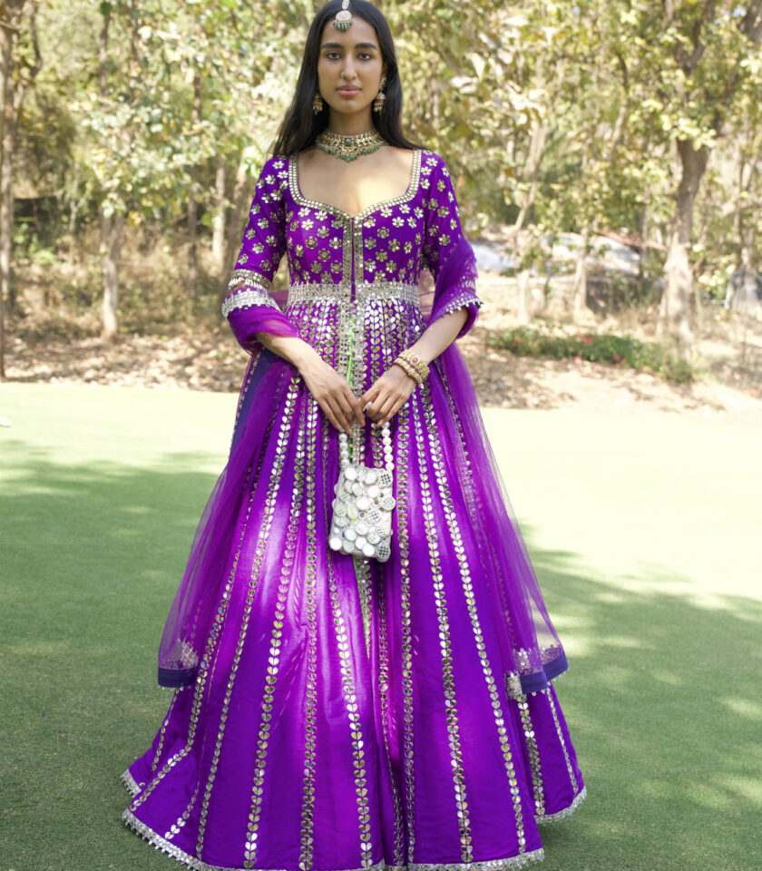 Purple Raw Silk Mirror Embroidered Anarkali Set