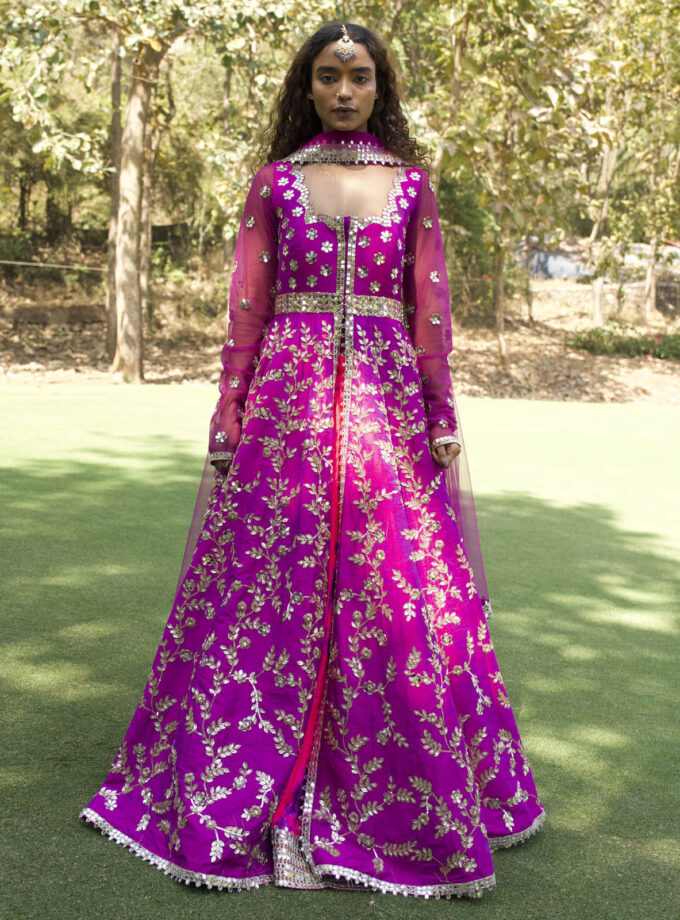 Purple Raw Silk Mirror Embroidered Anarkali Set