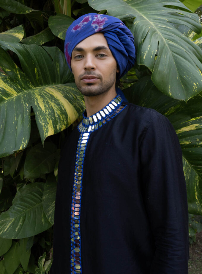 Black Raw Silk Mirror Work Kurta Set