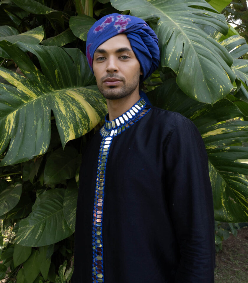 Black Raw Silk Mirror Work Kurta Set