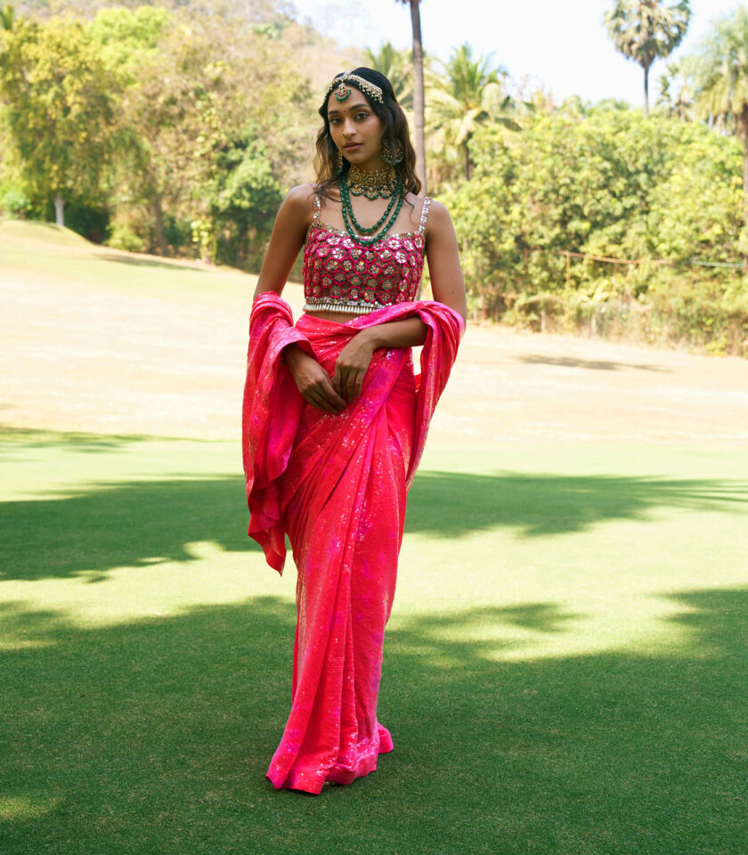 Rani Pink & Red Georgette Sequins Sheeted Saree Set