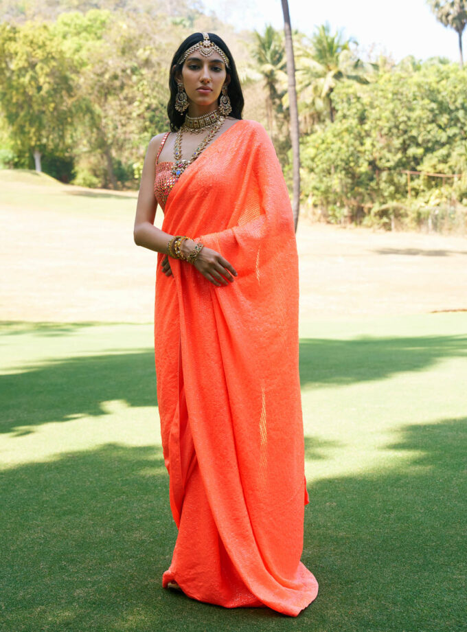 Orange Georgette Sequins Sheeted Saree Set