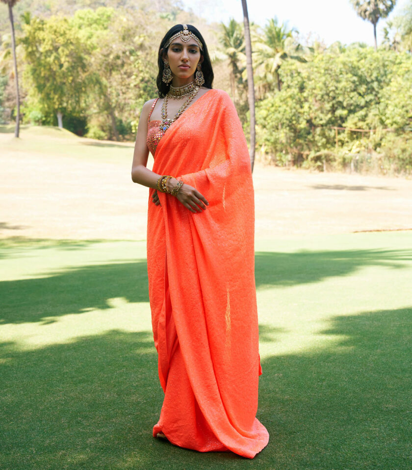 Orange Georgette Sequins Sheeted Saree Set