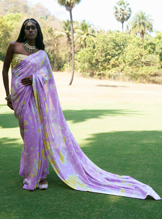 Lavender & Yellow Sequins Hand Tie-Dyed Saree Set