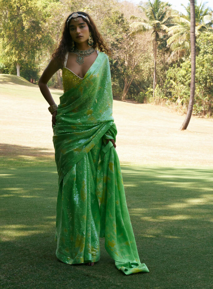 Lime Green & Yellow Georgette Sequins Sheeted Tie-Dye Saree Set