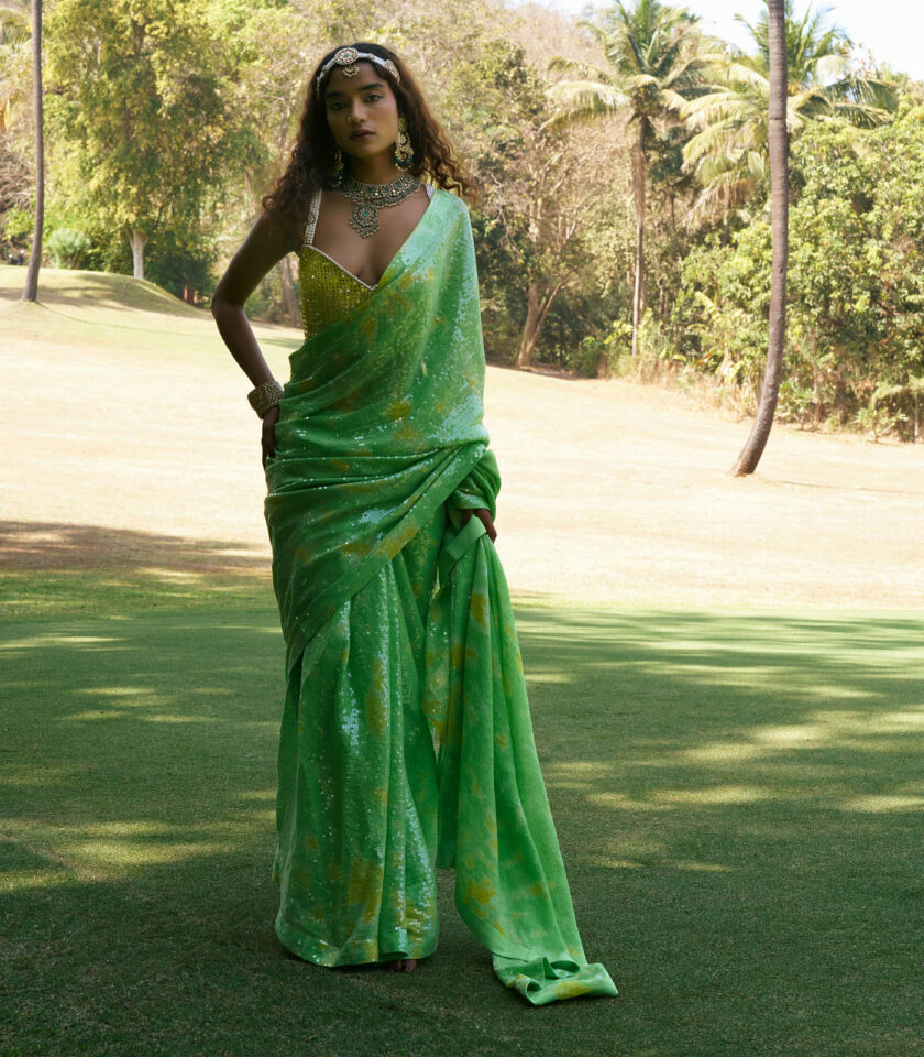 Lime Green & Yellow Georgette Sequins Sheeted Tie-Dye Saree Set