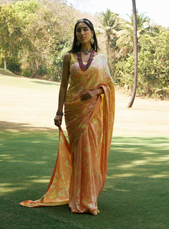 Burnt Orange & Yellow Georgette Sequins Sheeted Tie-Dye Saree Set