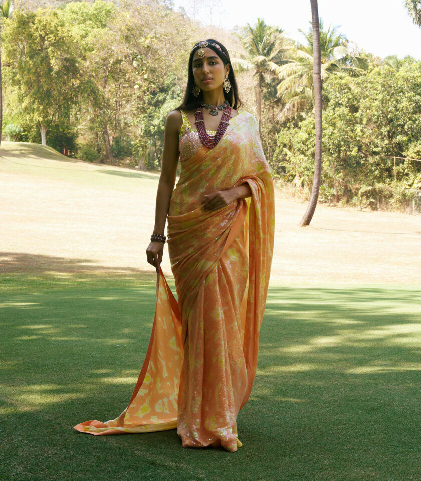 Burnt Orange & Yellow Georgette Sequins Sheeted Tie-Dye Saree Set