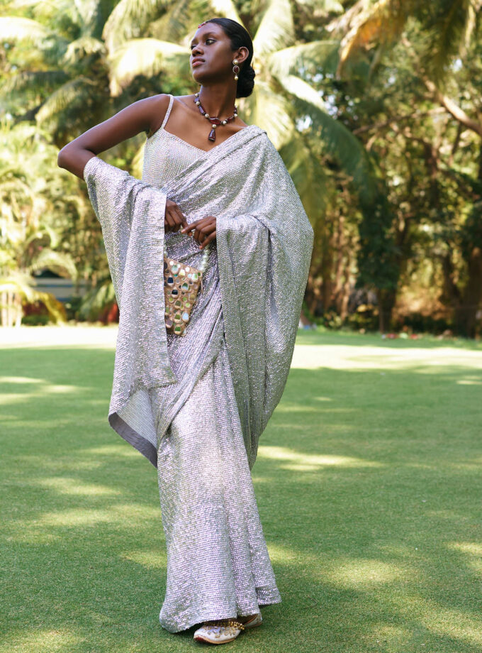 Silver Georgette Sheeted Sequins Embroidered Saree Set