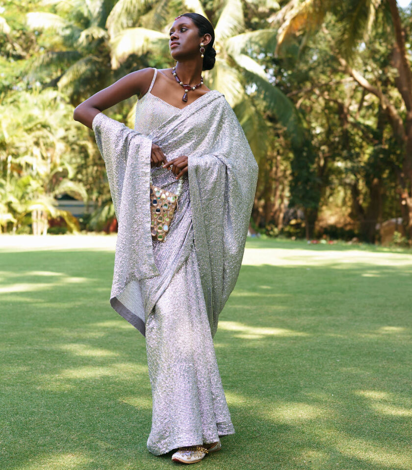 Silver Georgette Sheeted Sequins Embroidered Saree Set