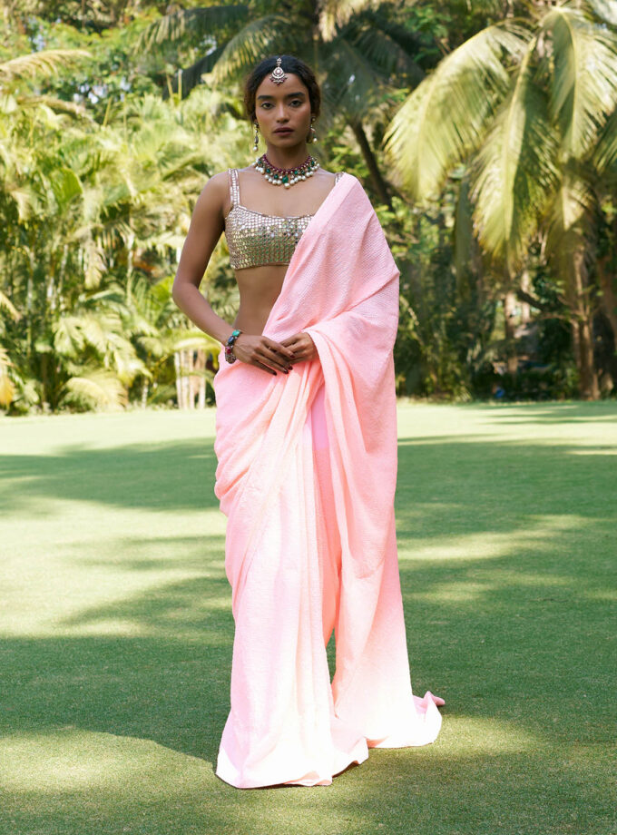 Neon peach sequin sari