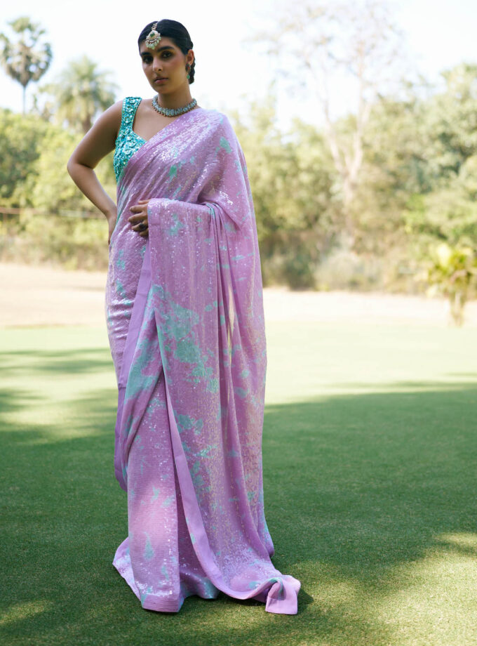 Lilac Georgette Sequins Sheeted Tie-Dye Saree Set