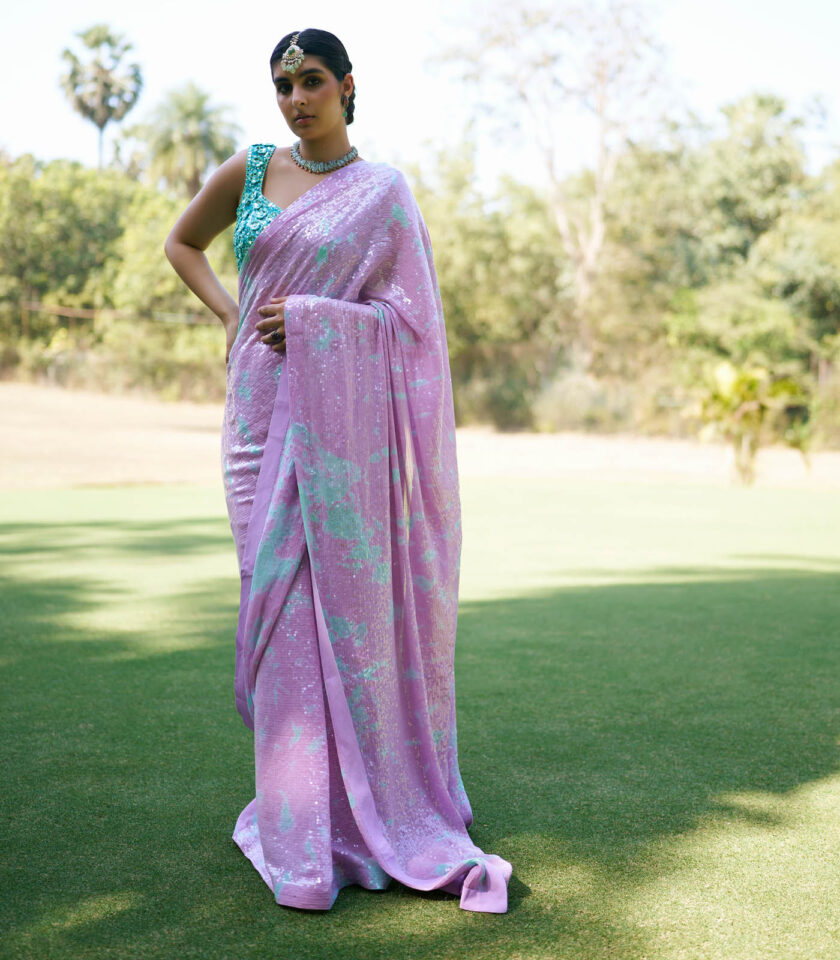 Lilac Georgette Sequins Sheeted Tie-Dye Saree Set