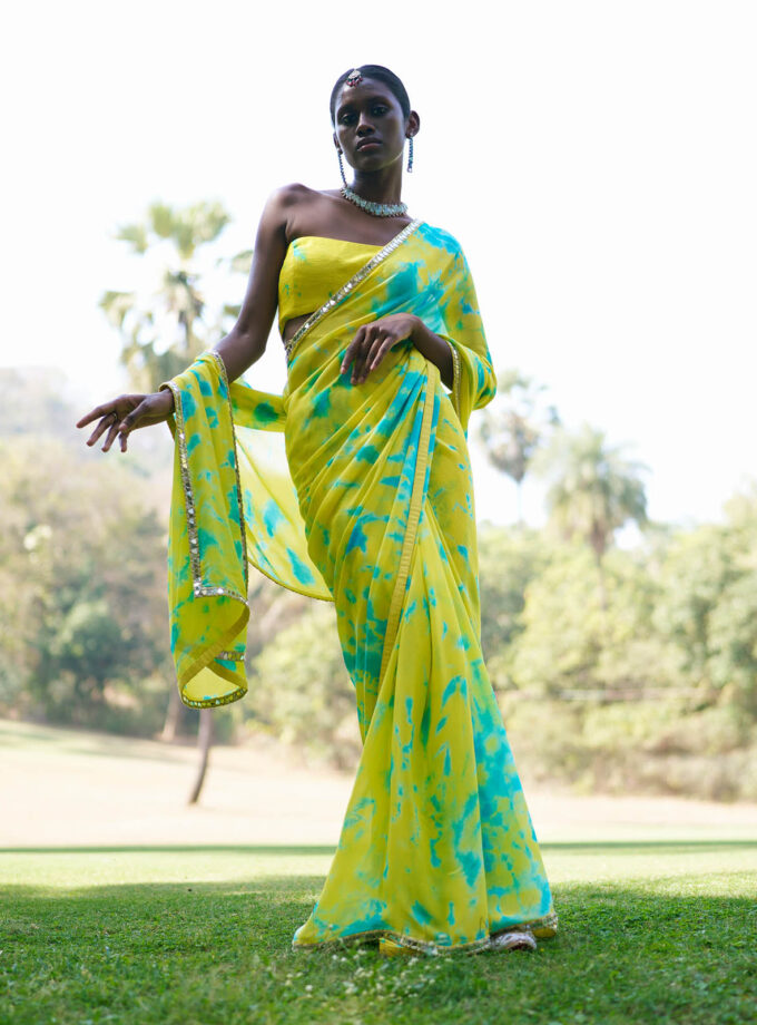 Yellow & Aqua Georgette Tie-Dye Saree Set