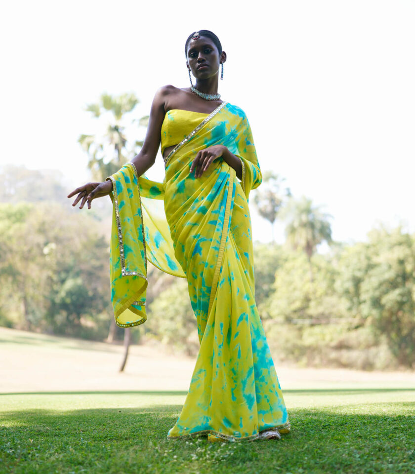 Yellow & Aqua Georgette Tie-Dye Saree Set