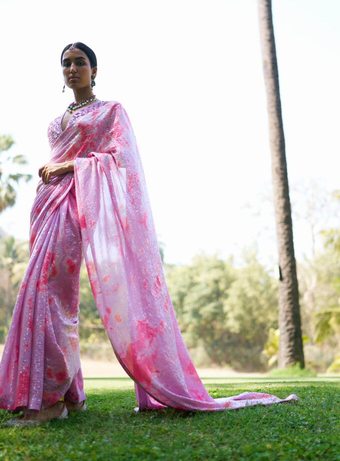 Pink Georgette Sequins Sheeted Tie-Dye Saree Set