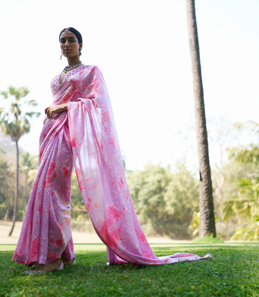 Pink Georgette Sequins Sheeted Tie-Dye Saree Set