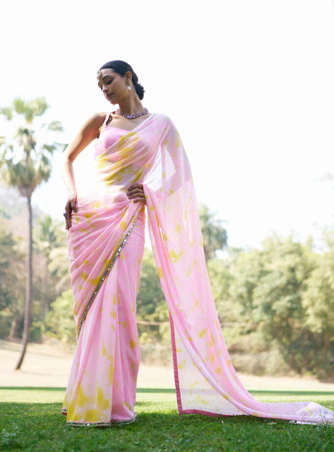 Candy Pink and yellow Georgette Tie-Dye Saree Set