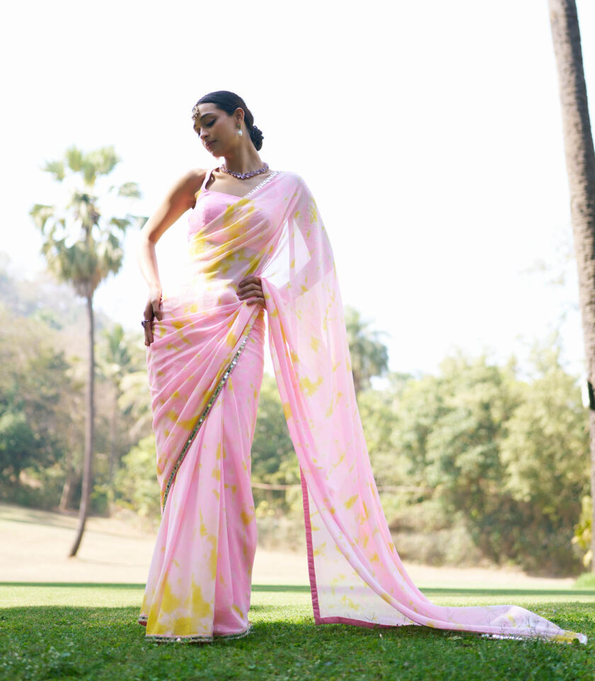 Candy Pink and yellow Georgette Tie-Dye Saree Set