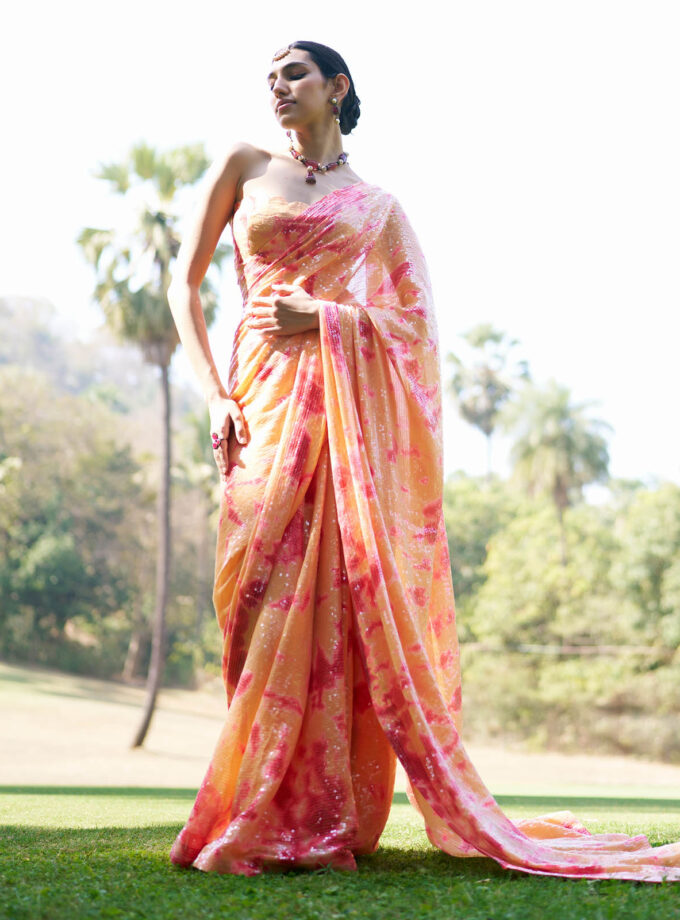 Burnt Orange and deep red Georgette Sequins Sheeted Tie-Dye Saree Set
