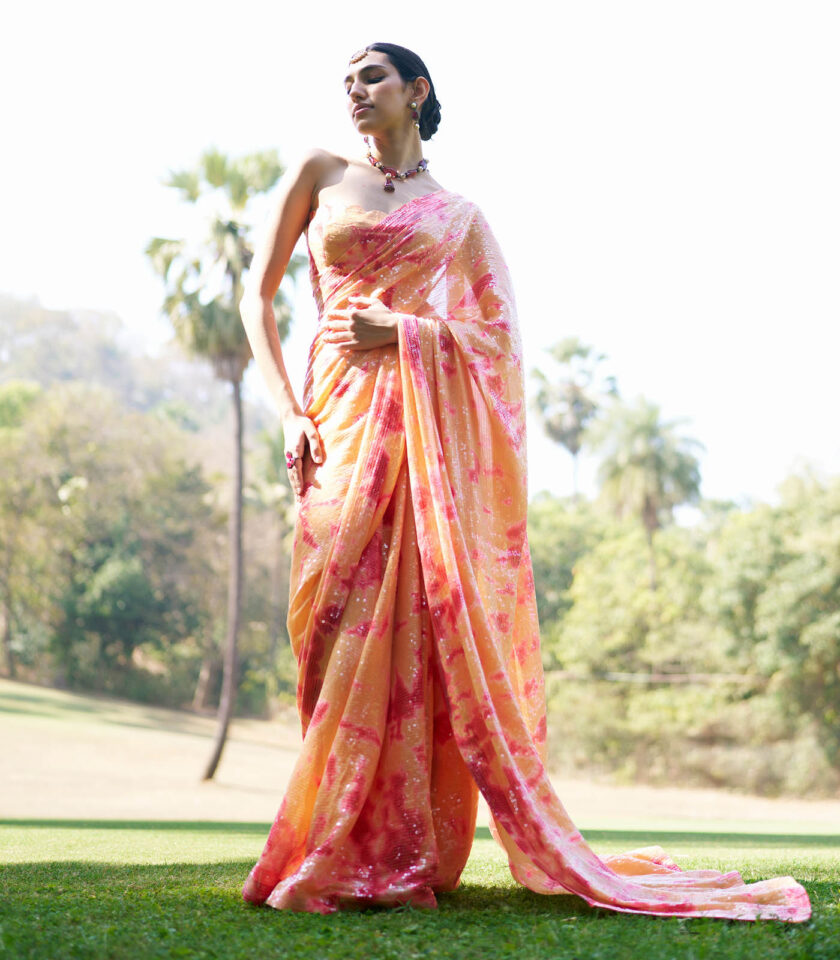 Burnt Orange and deep red Georgette Sequins Sheeted Tie-Dye Saree Set