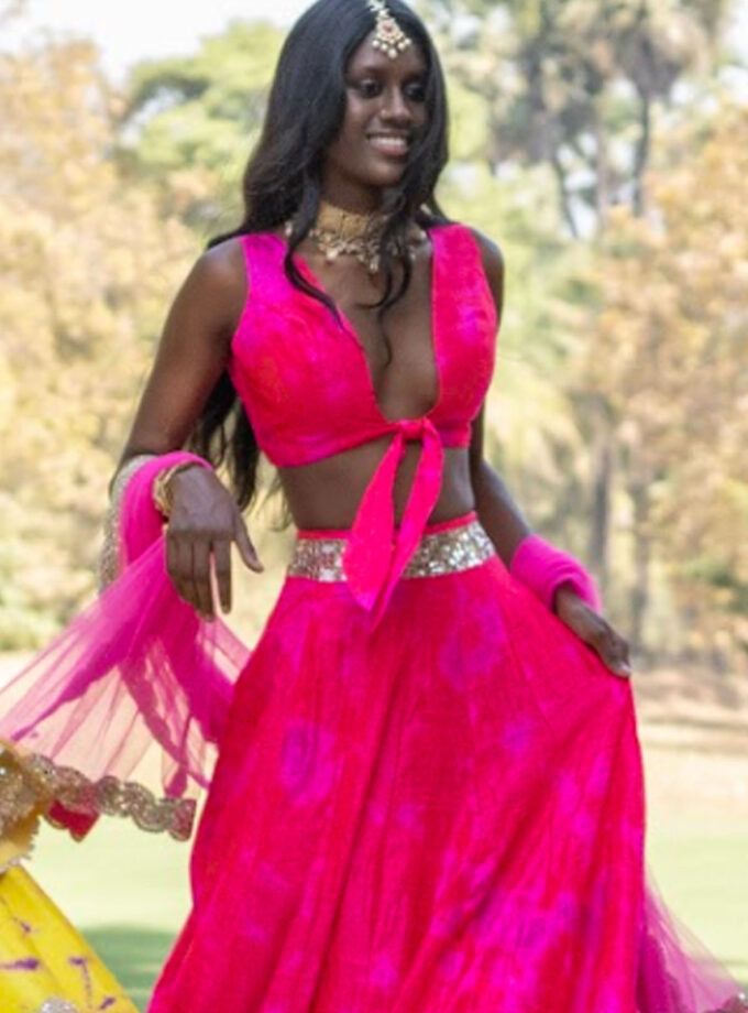 Red Raw Silk Tie-Dyed & Mirror Work Lehenga Set