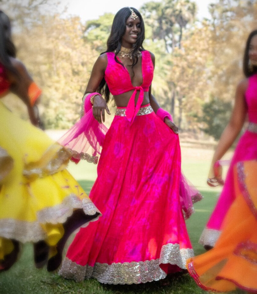 Red Raw Silk Tie-Dyed & Mirror Work Lehenga Set