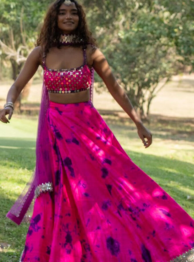 Fuchsia Raw Silk Mirror Embroidered Hand Tie-Dye Lehenga Set